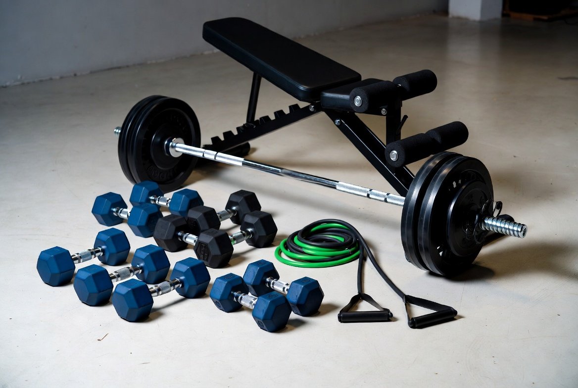 Fitness equipment including dumbbells and weights